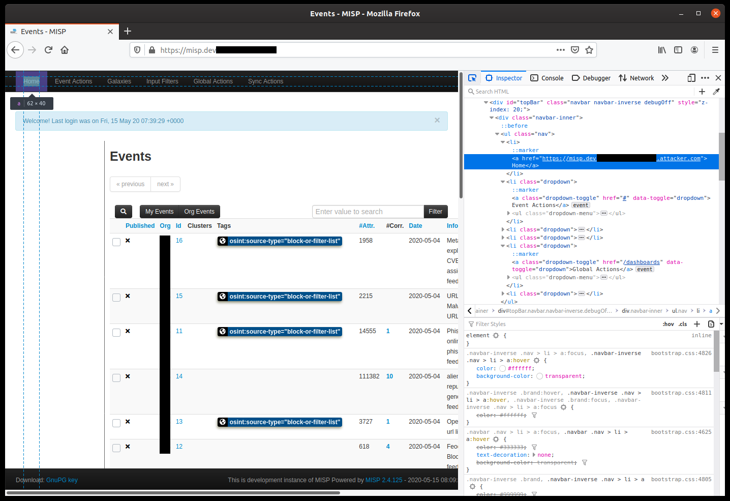 'Home' navigation item with the URL partially controlled by the attacker